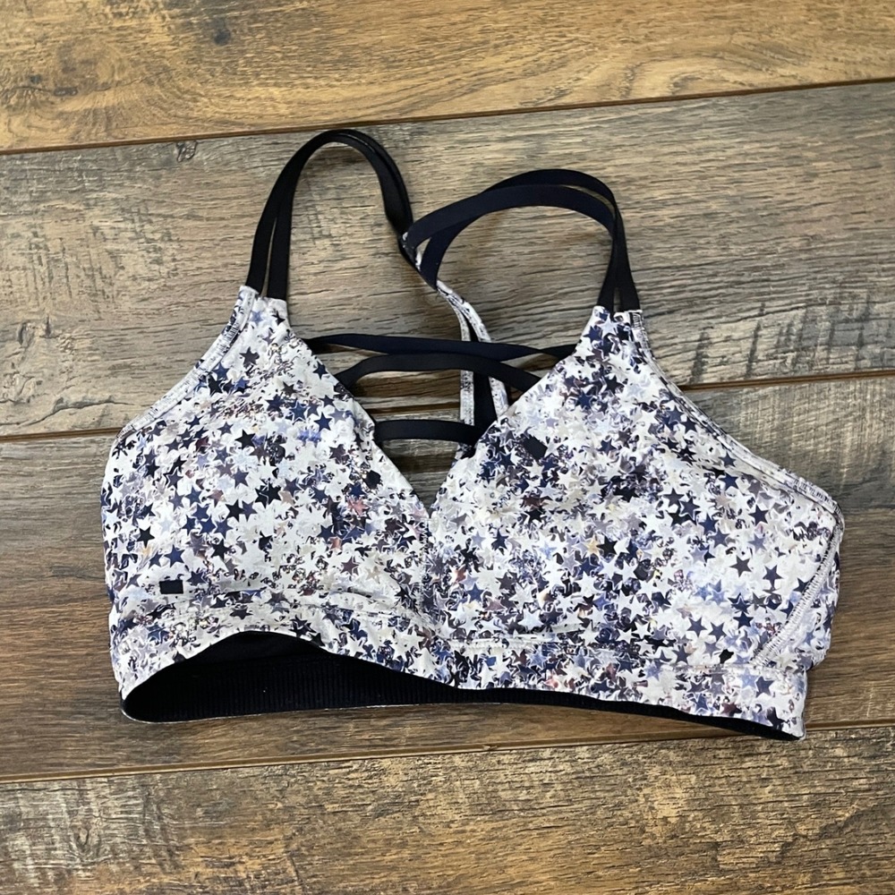 Victorias Secret VSX Sport Bra Medium Purple White Star Strappy Back Active Yoga